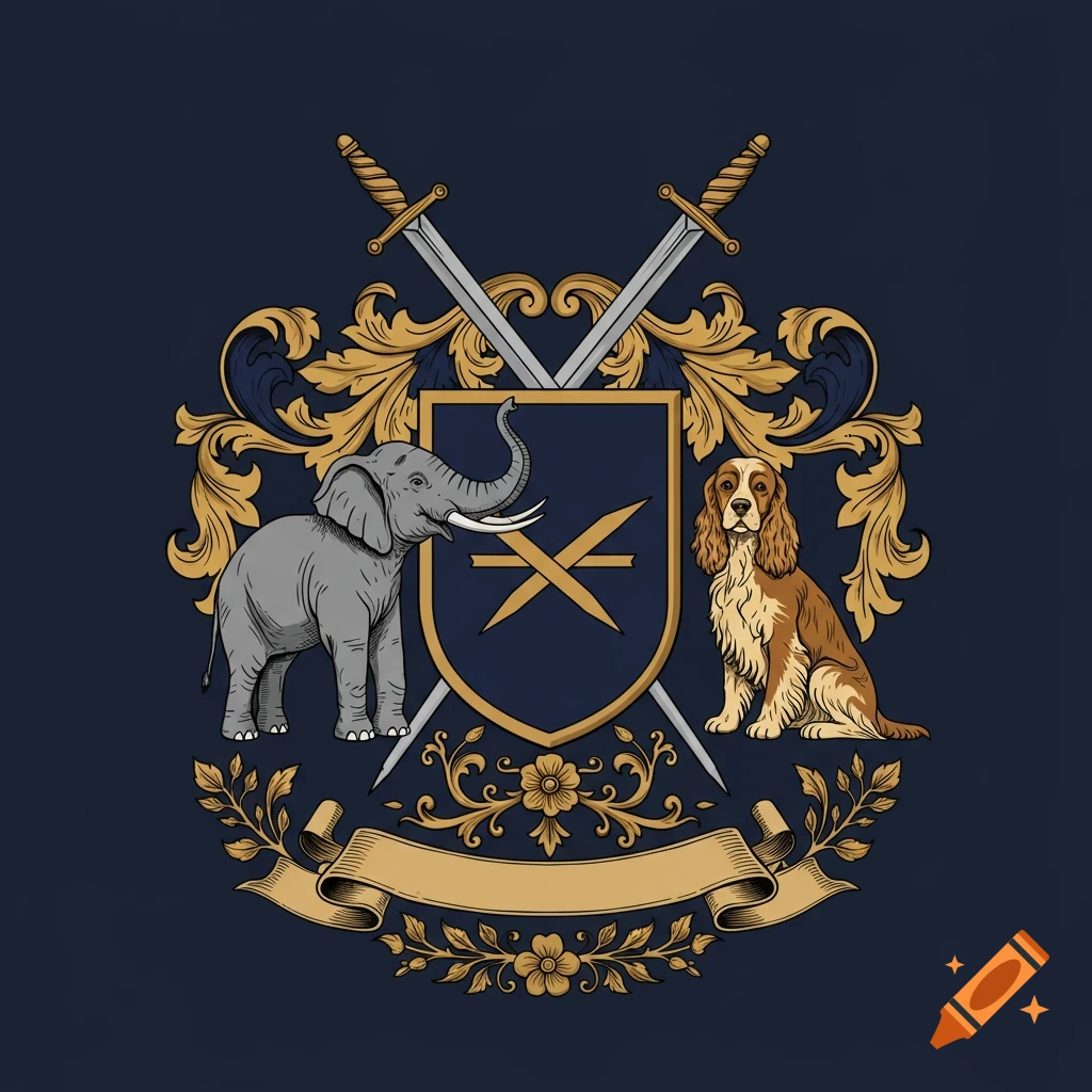 A heraldic coat of arms illustration with an elephant, cocker spaniel, crossed swords, shield, and gold scrollwork on a dark blue background.