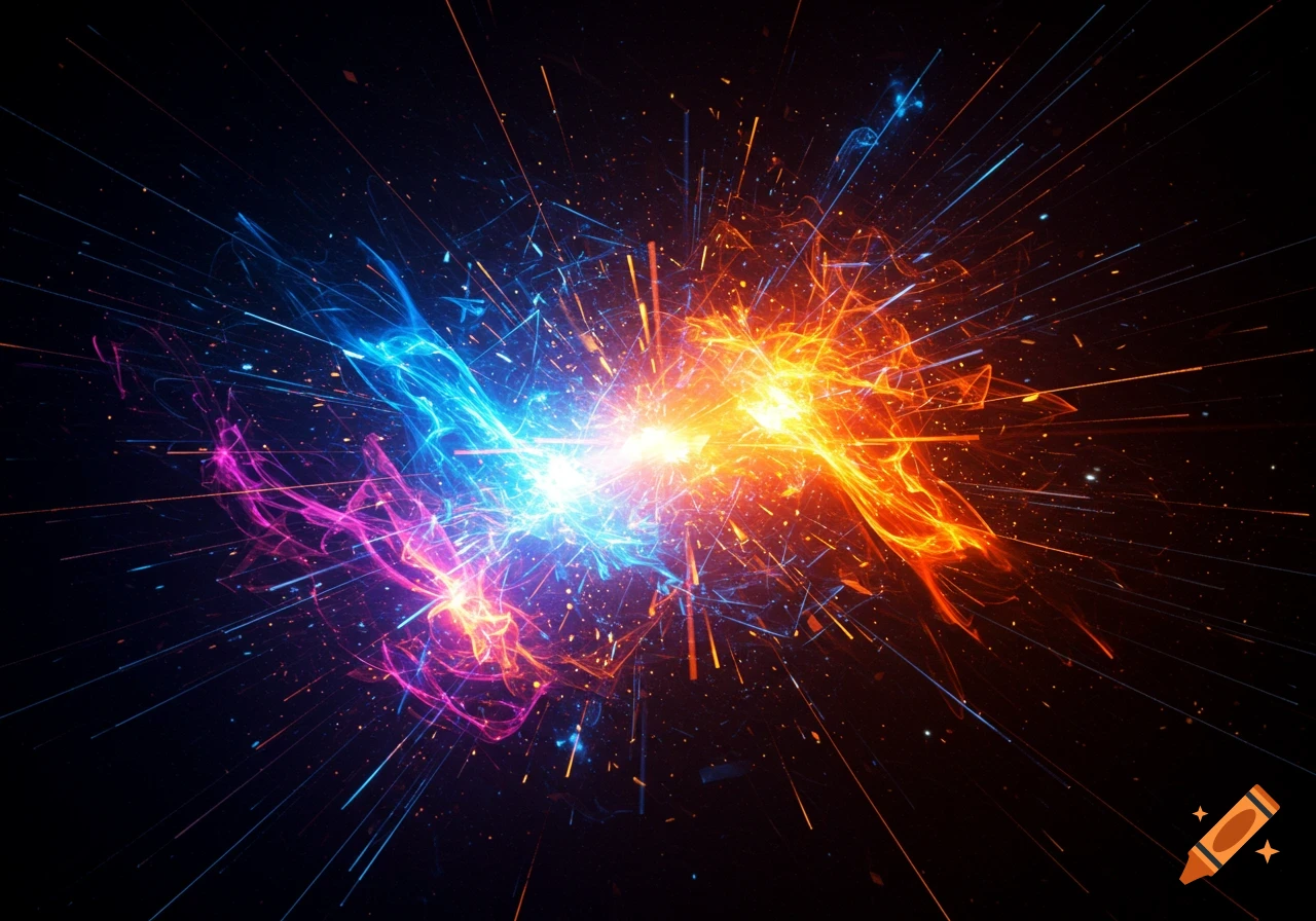 A vibrant abstract explosion of blue, purple, and orange light streaks on a black background.