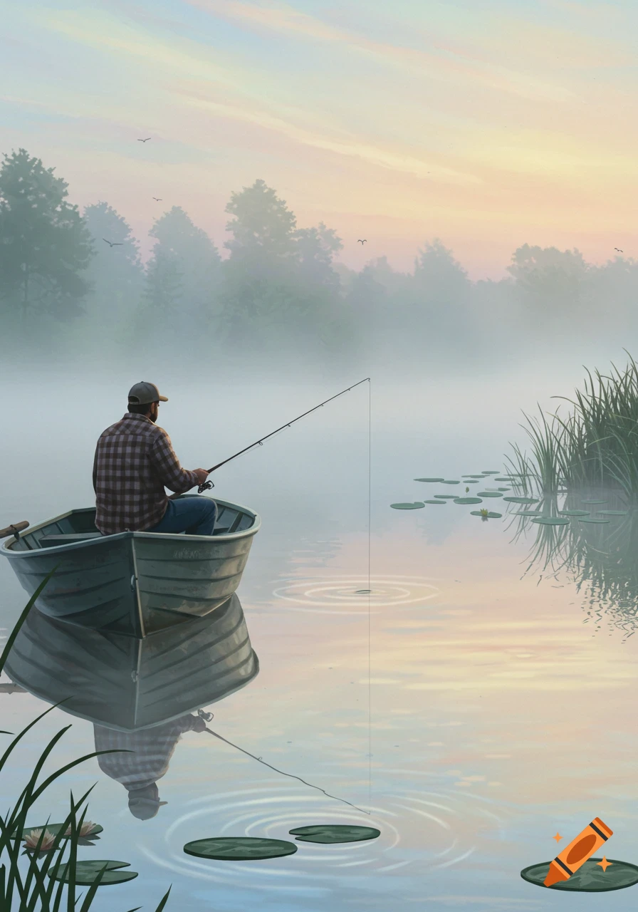 A man fishes from a small boat on a misty lake at sunrise, surrounded by lily pads and reeds, with distant trees shrouded in fog.