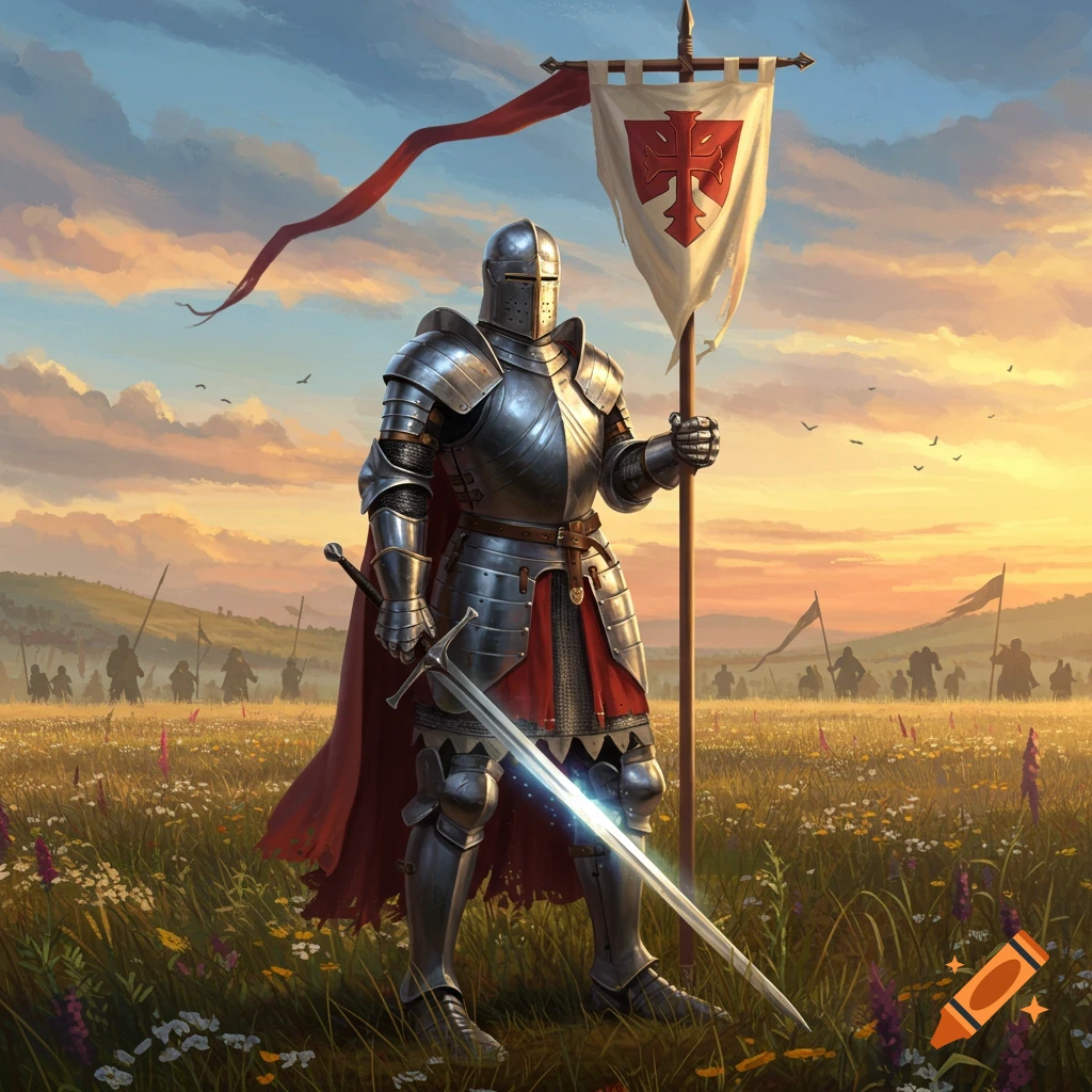 A knight in shining armor stands in a wildflower field at sunset, holding a sword and a white banner with a red emblem.