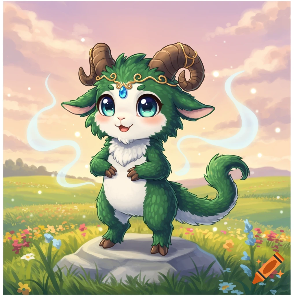 A cute chibi green and white creature with horns and a dragon tail stands on a rock in a field of flowers, cartoon style.