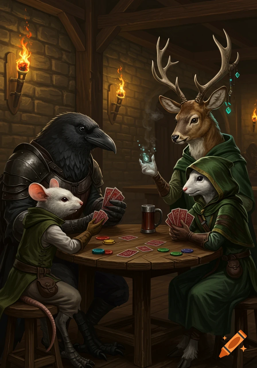 A raven warrior, a white mouse rogue, and a roe deer mage play cards at a wooden table in a dimly lit tavern.