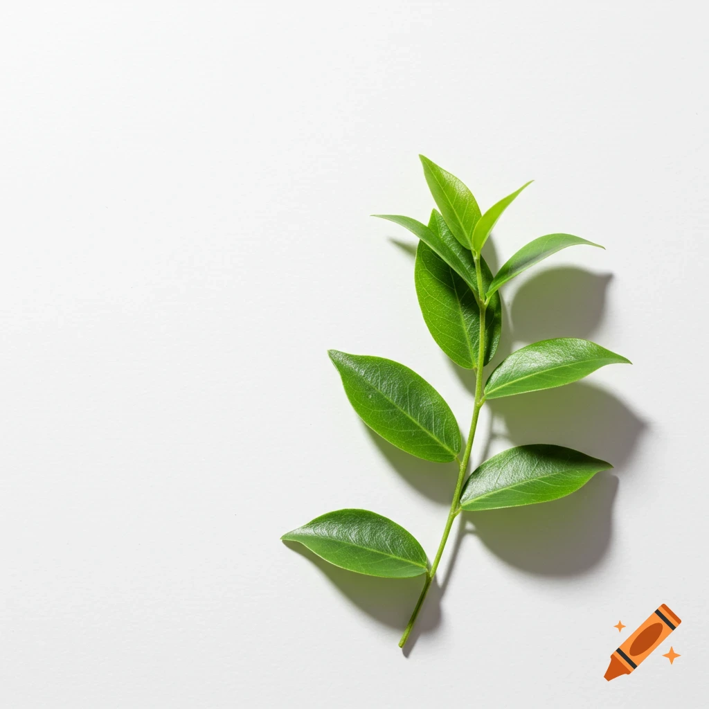 A vibrant green plant stem with fresh leaves against a clean white background, photorealistic style.