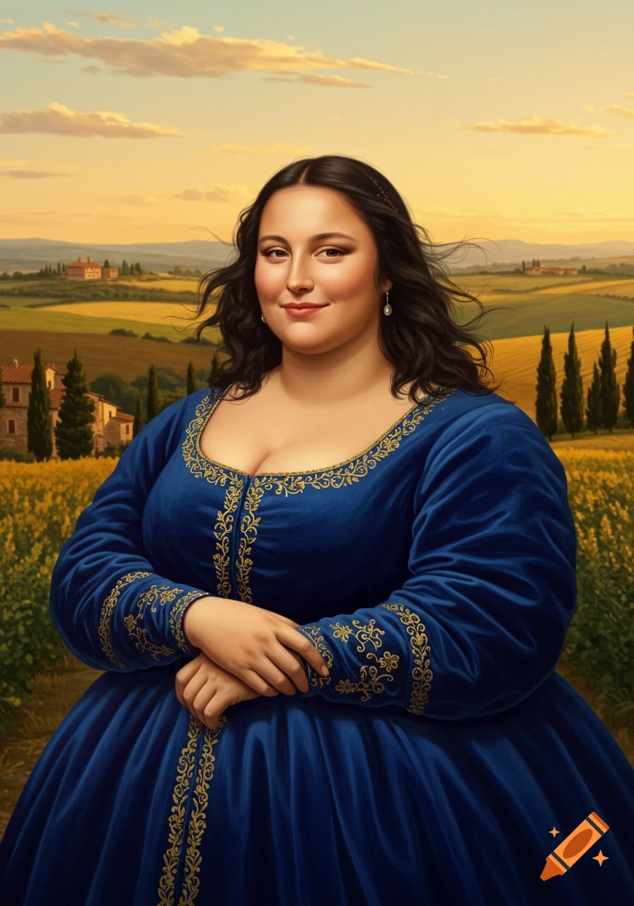 A dark-haired woman in a blue velvet dress with gold embroidery stands in a field of yellow flowers before a Tuscan landscape at sunset.