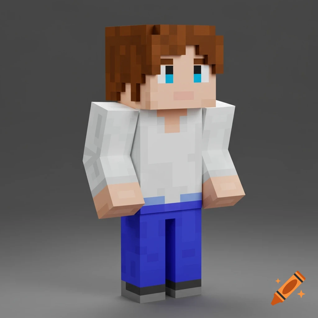 A 3D blocky character in Minecraft style with brown hair, white shirt, and blue pants, standing against a grey background.