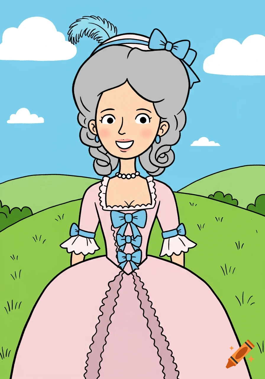 Cartoon illustration of Marie Antoinette smiling in a pink dress with blue bows, outdoors in a green landscape.