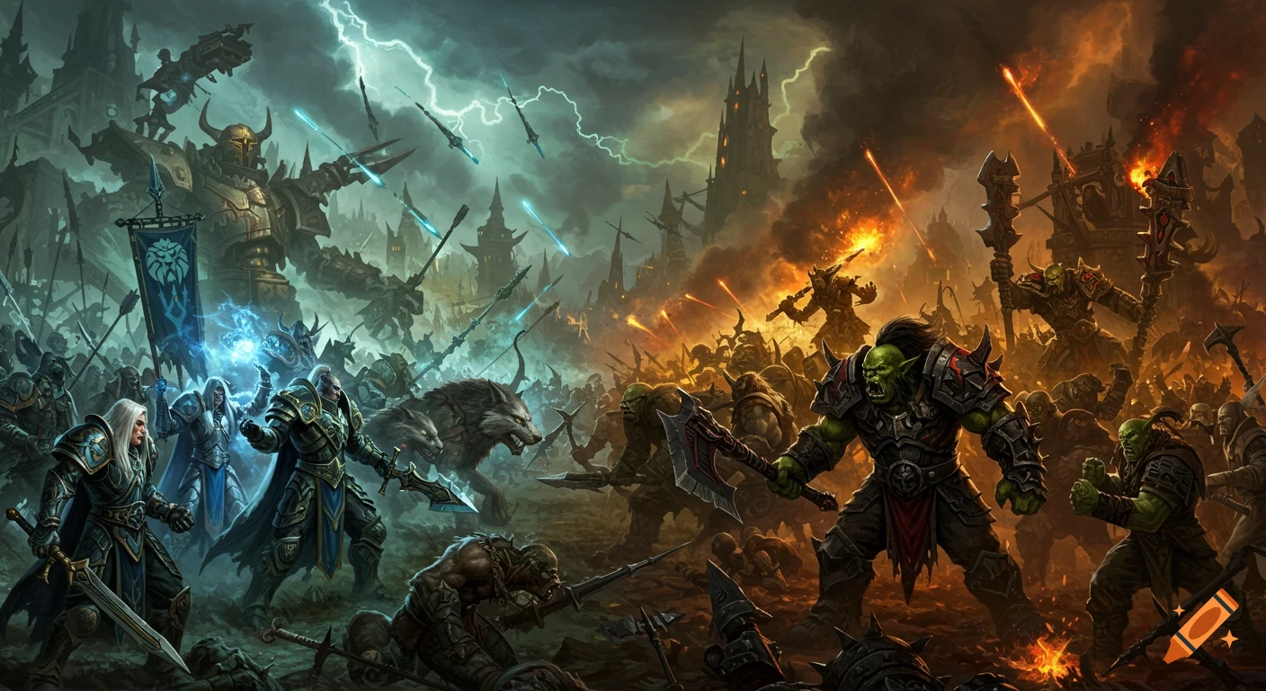 An epic fantasy battle between the Alliance and Horde armies, with knights and mages clashing against orcs and shamans under a stormy sky.