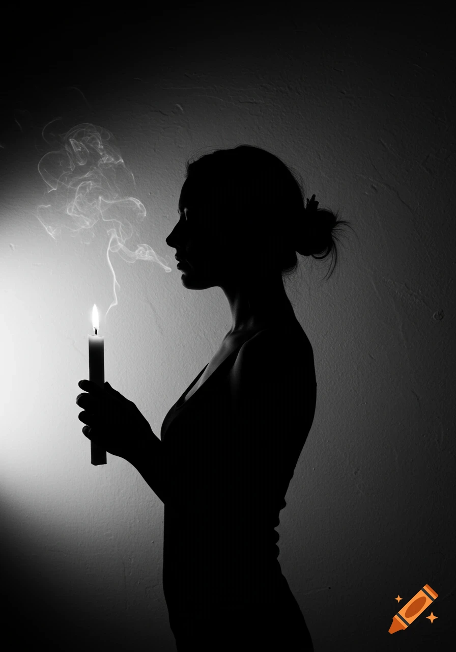 Black and white silhouette of a woman holding a lit candle, with smoke rising.