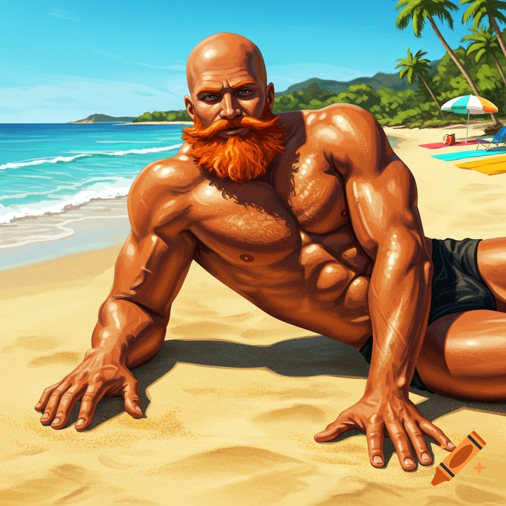 An illustrated muscular bald man with an orange beard sunbathing on a sunny beach with ocean and palm trees.