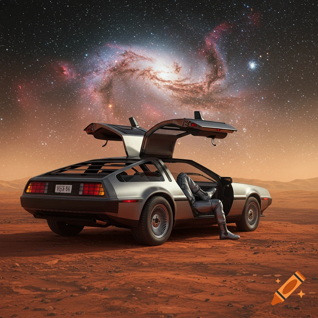 A silver DeLorean with open gull-wing doors sits on a red Martian landscape under a vibrant starry galactic sky. An astronaut's legs extend from the driver's side door.