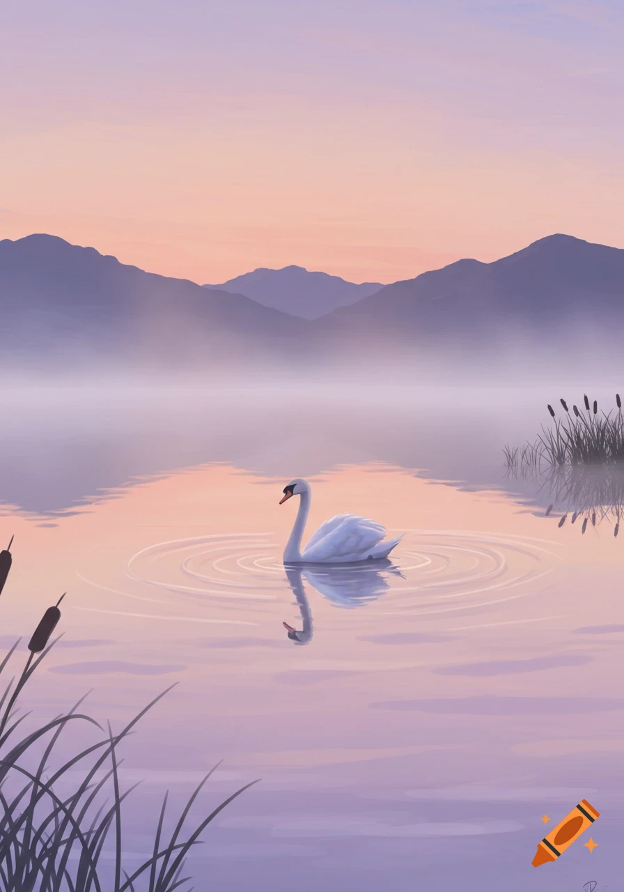 A white swan glides on a misty lake at dawn, with purple mountains in the background, in an illustrated style.
