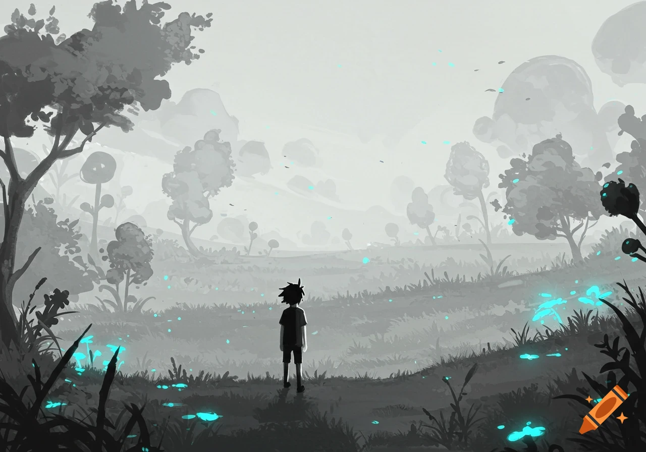 A lone silhouette stands in a misty, monochrome landscape with glowing cyan foliage and floating specks.