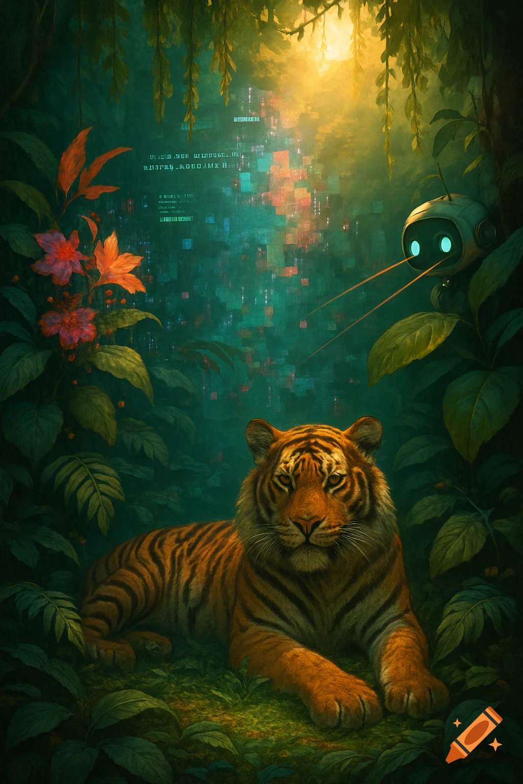 A majestic tiger lies in a vibrant, futuristic jungle with glowing pixels, exotic plants, and a small robot.