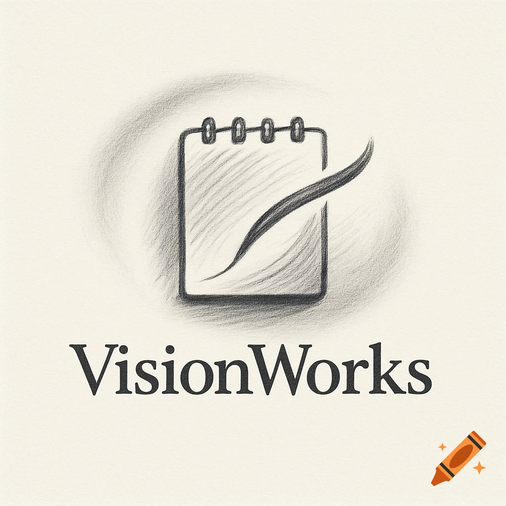 Pencil sketch logo featuring a spiral-bound notepad icon with a flowing stroke, and the text 'VisionWorks' below.