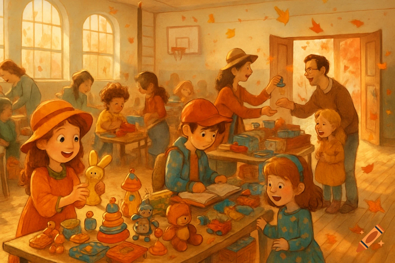 Children and adults at a lively indoor flea market, with toys and other items on tables, in a warm, painterly style.