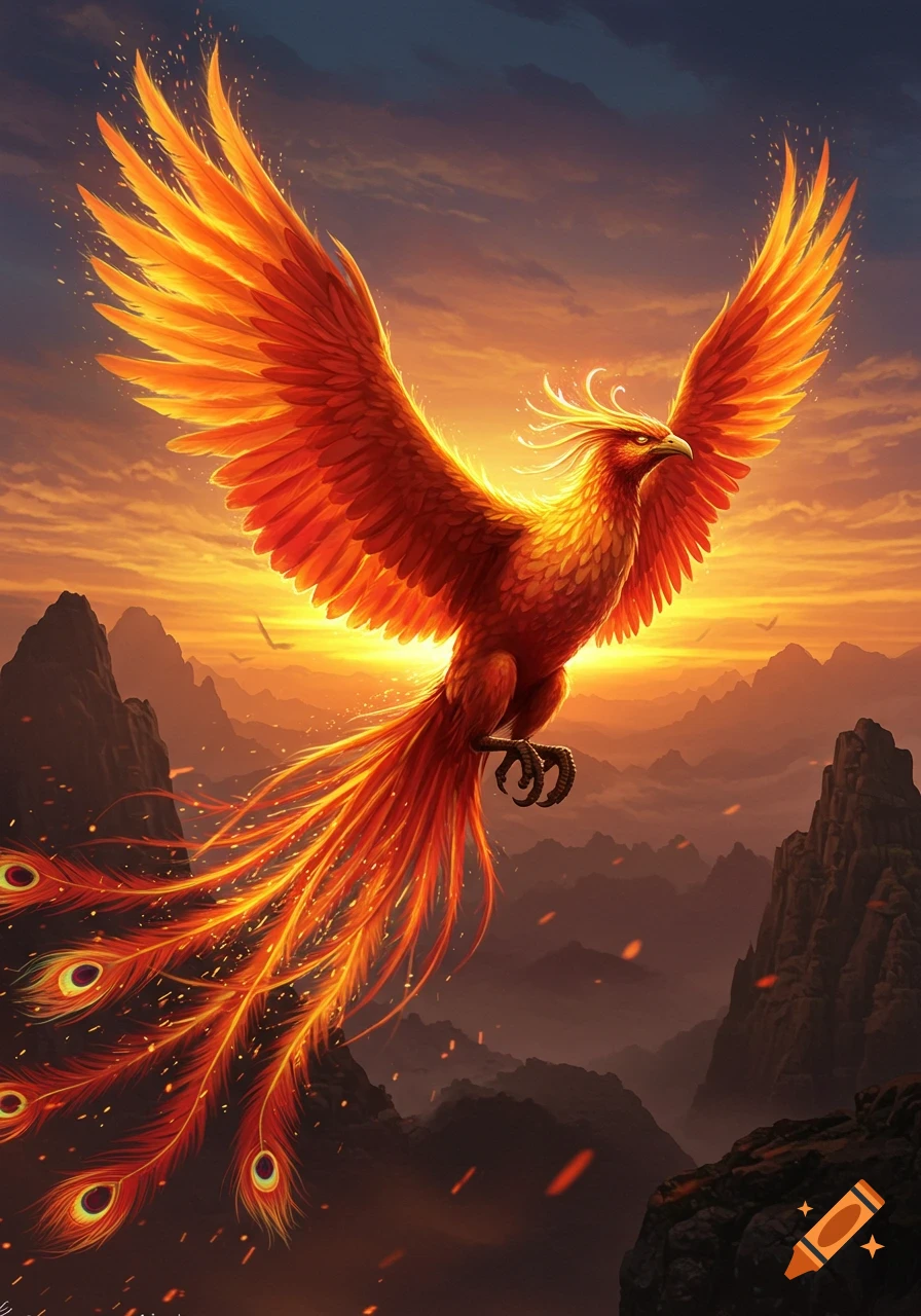 A vibrant, fiery phoenix with outstretched wings soars over a mountainous landscape at sunset in a detailed digital painting.