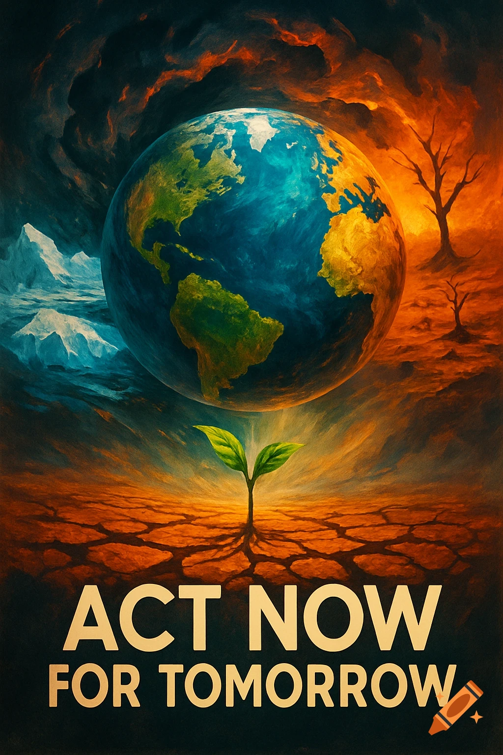 A poster depicts Earth above a landscape of melting ice and cracked desert with dead trees. A green sprout emerges. Text reads: ACT NOW FOR TOMORROW.