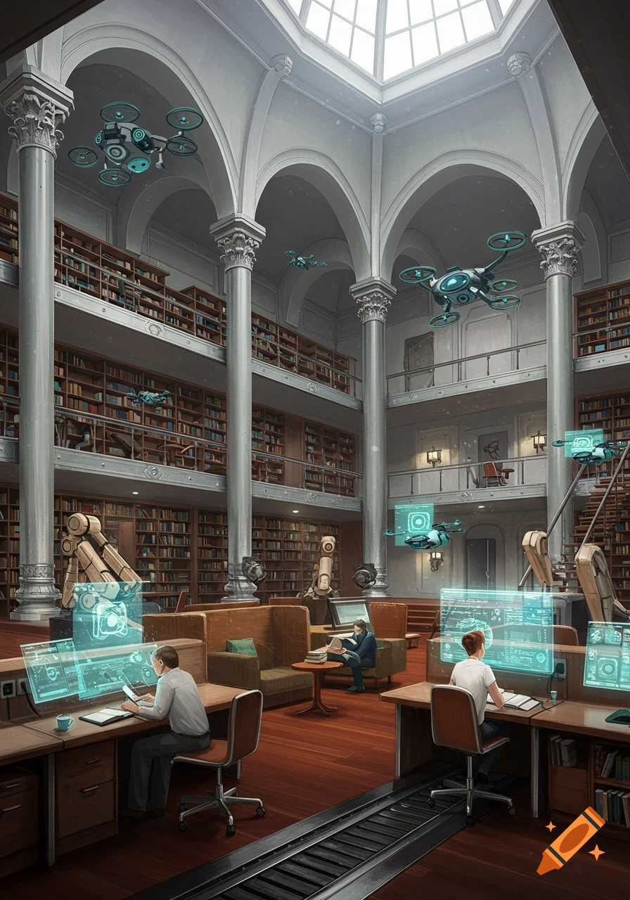 A futuristic library interior with multiple levels of bookshelves, large columns, people studying at glowing holographic desks, and flying drones and robots.