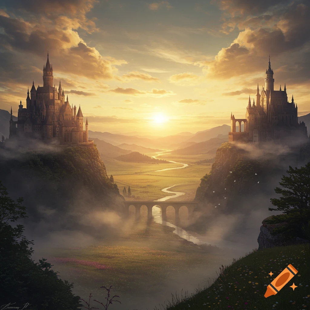 Two majestic castles on misty cliffs overlook a winding river and lush valley bathed in the golden light of sunset.