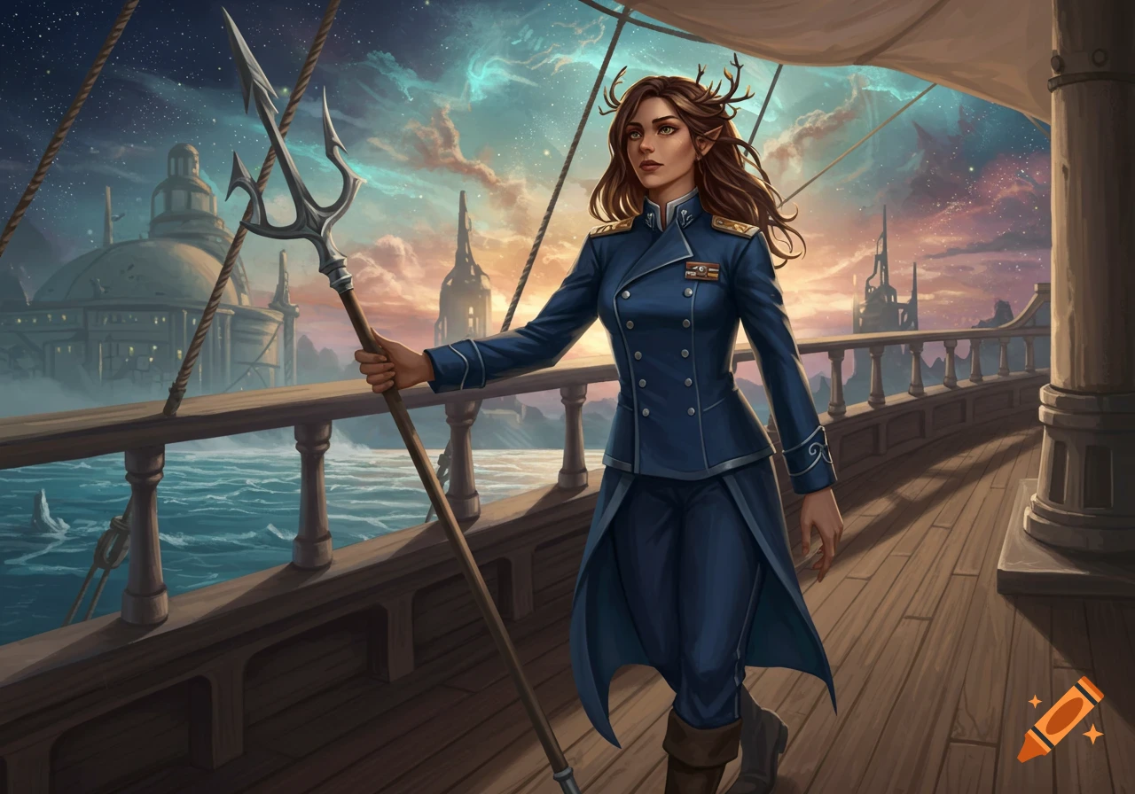 A female captain with antlers in a blue uniform holds a trident on a ship deck, with a futuristic city and vibrant sky.