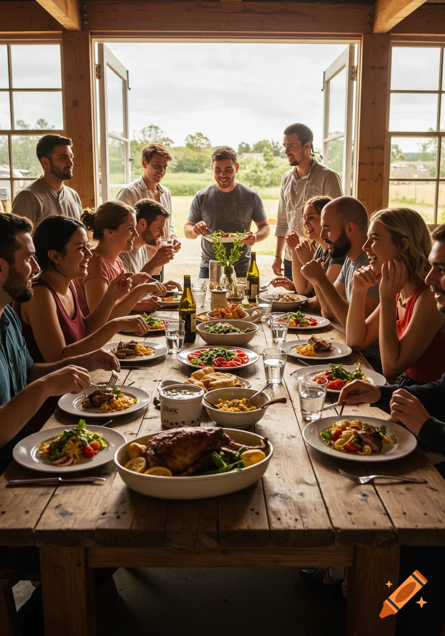 A large group of happy friends and family gathered around a long wooden table, sharing a meal together outdoors.