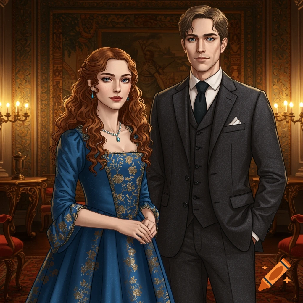Digital illustration of a woman in a blue gown and a man in a dark suit, standing in an ornate, lavish room.
