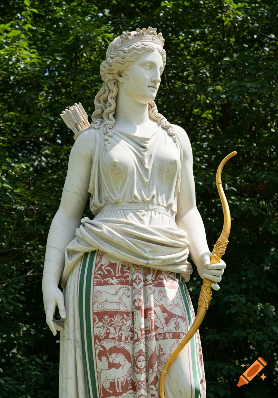 A white marble statue of a woman, possibly Diana or Artemis, holding a golden bow and with a quiver of arrows on her back, against a lush green foliage background.