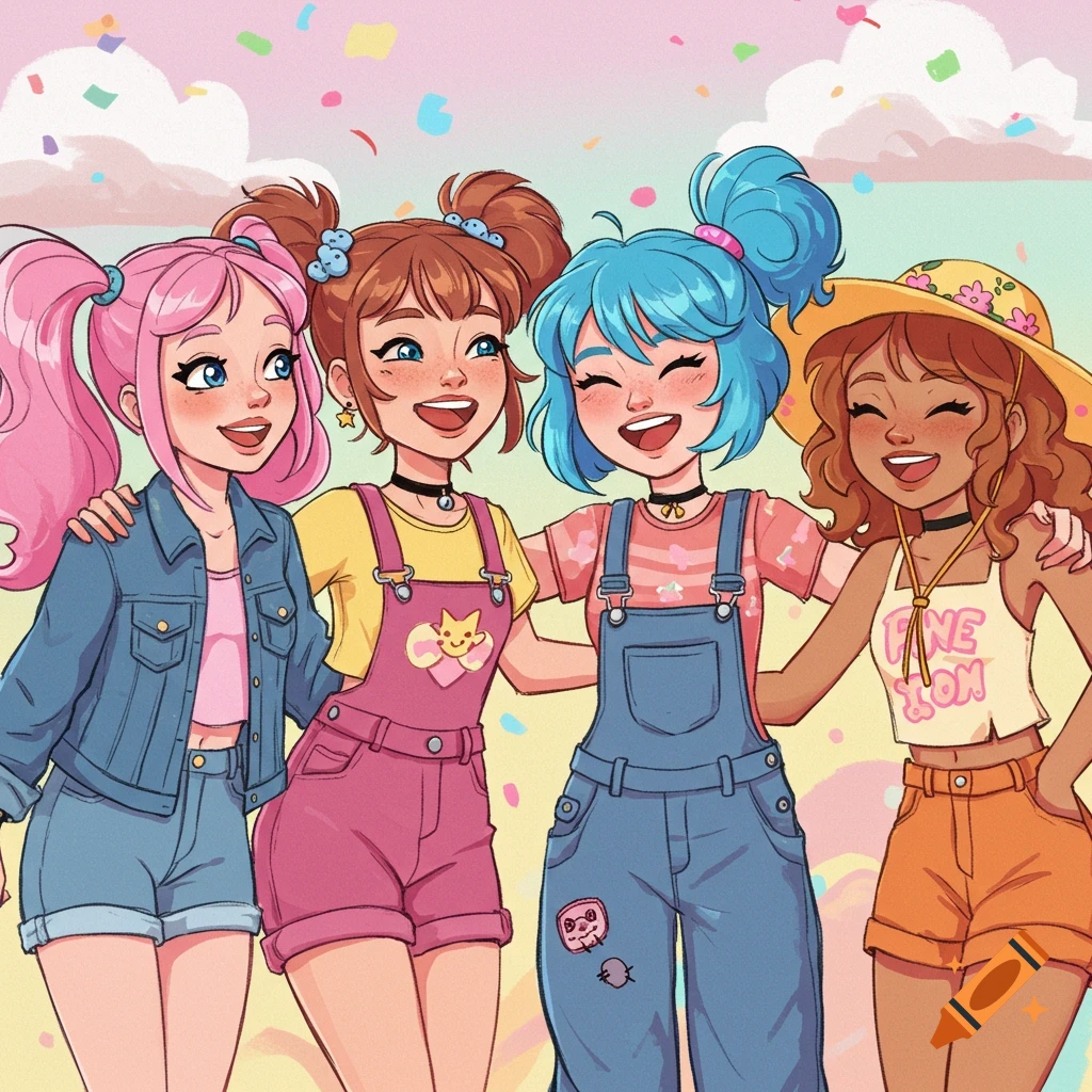Four smiling cartoon girls with colorful hair stand arm-in-arm, wearing casual overalls and shorts with confetti falling around them.