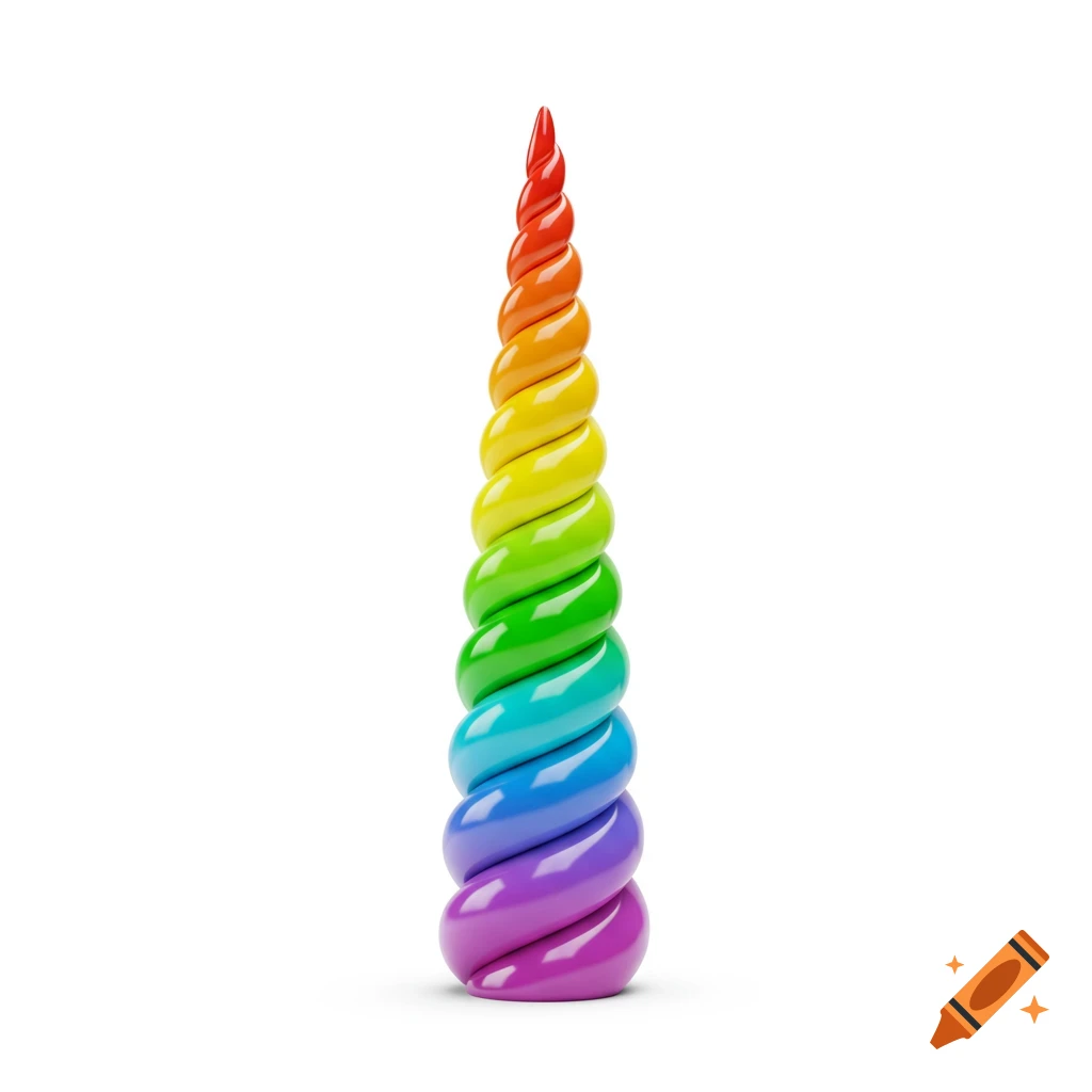 A vibrant rainbow-colored unicorn horn stands upright against a clean white background.