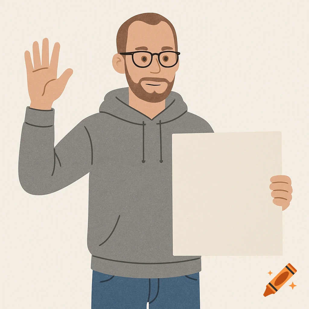 A simple illustration of a man with glasses, a short beard, and brown hair, wearing a grey hoodie and blue pants, waving and holding a blank white sign.