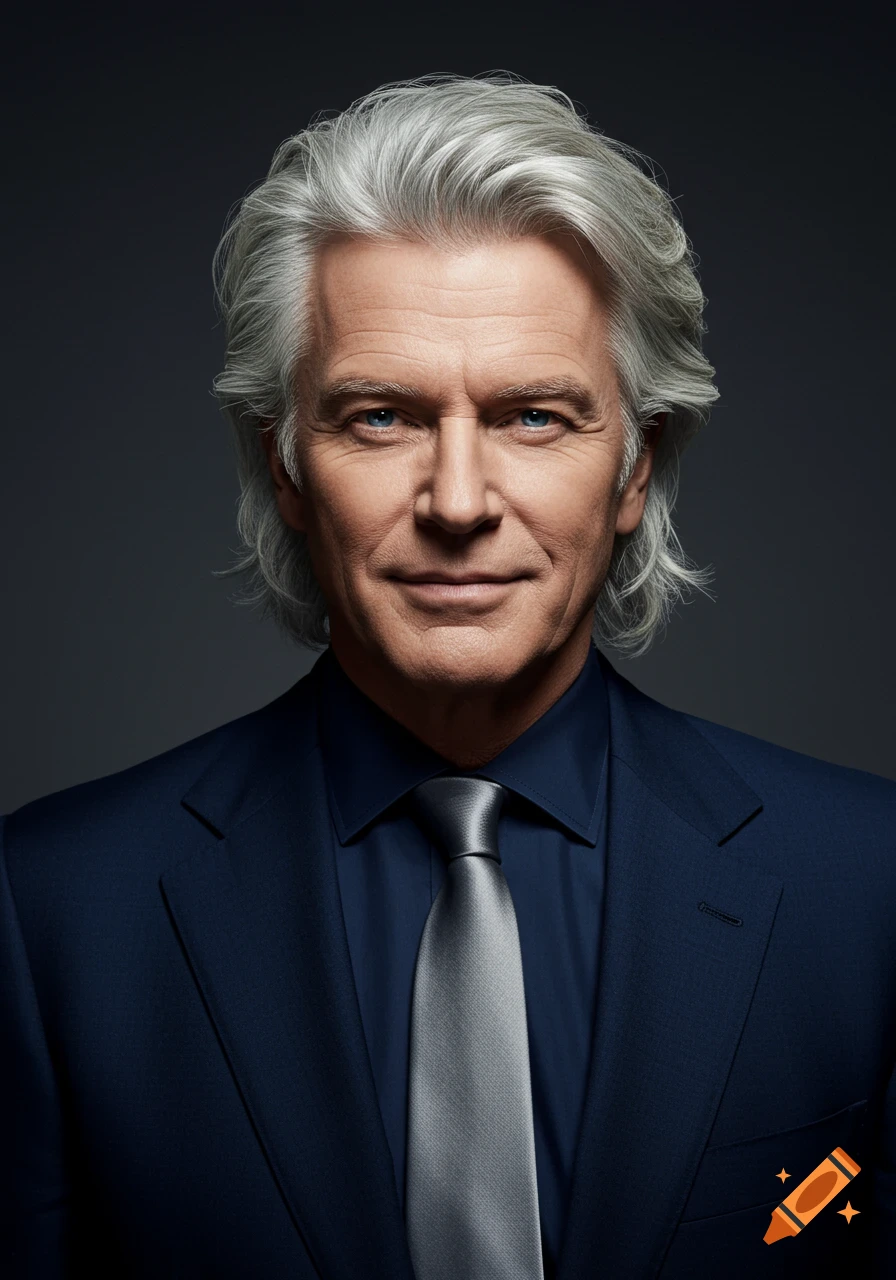 Photorealistic portrait of a distinguished older man with gray hair and blue eyes, wearing a dark blue suit and a light gray tie.