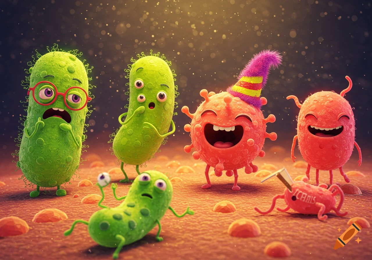 Cartoon microbes in green and red with funny expressions, some with glasses or party hats, on a textured surface.