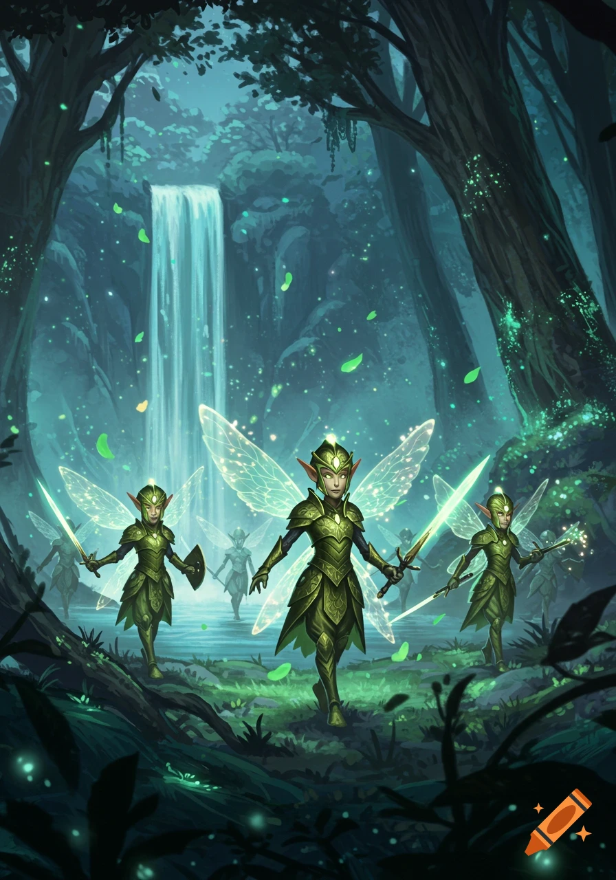 Fantasy illustration of green-armored sprite warriors with glowing wings and swords in a magical forest with a waterfall.