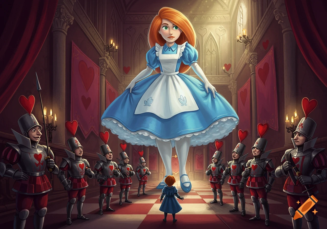 A giant red-haired girl in an Alice dress looms over tiny card soldiers in a fantasy hall with heart banners.