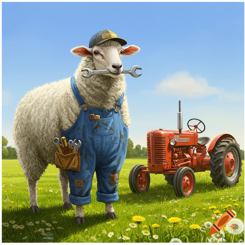 A cartoon sheep in blue overalls and a cap holds a wrench in its mouth, standing next to a red vintage tractor in a sunny green field.
