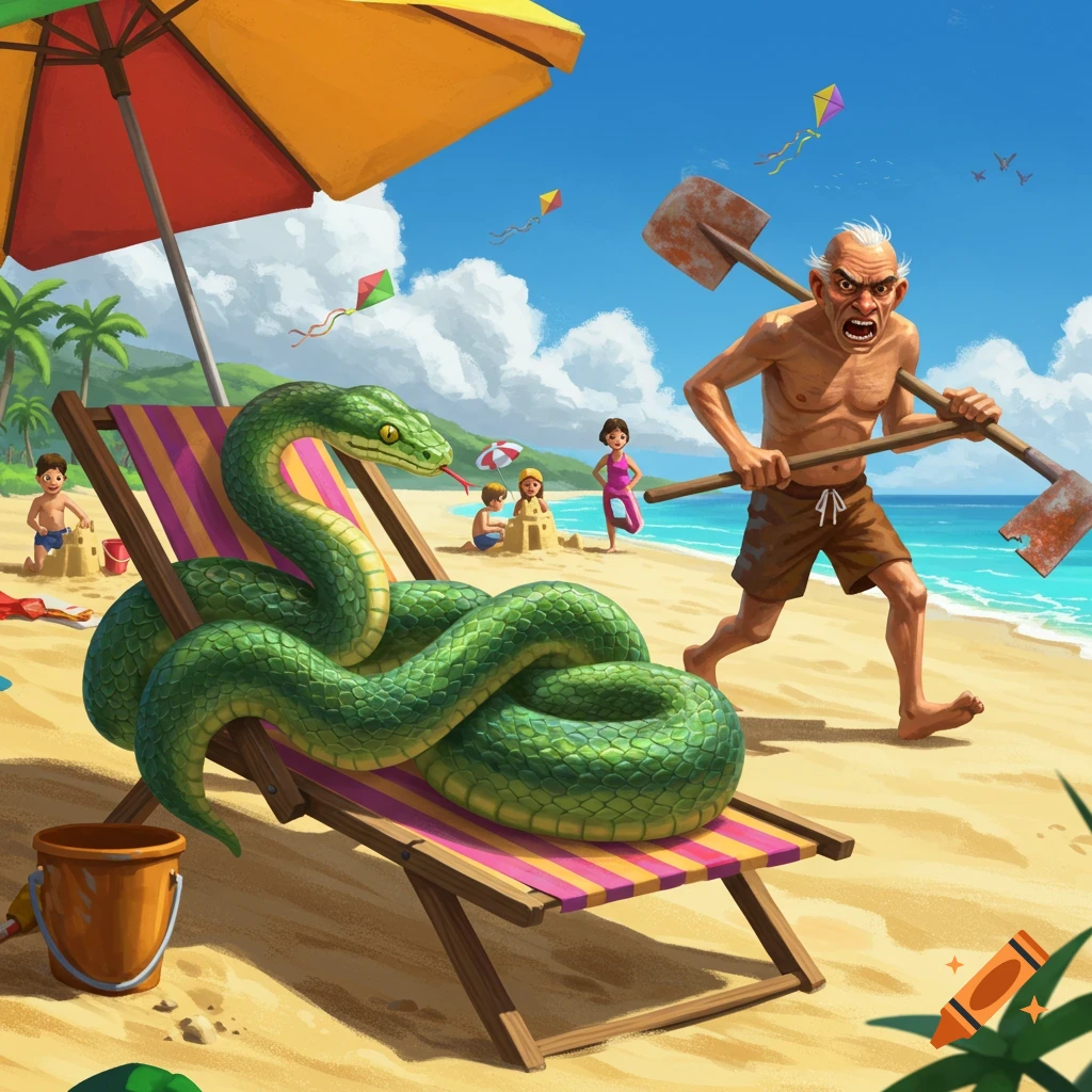 An angry old man with two shovels runs at a large green snake coiled on a beach chair on a sunny beach with playing children.