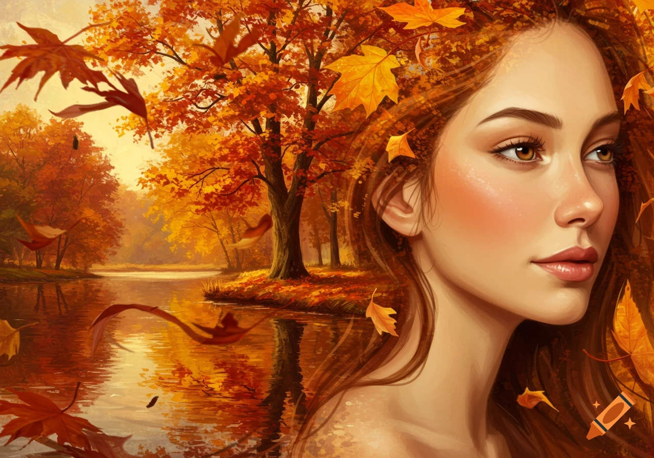 Digital painting of a woman with autumn leaves in her hair, looking right, against a vibrant fall landscape with a river.