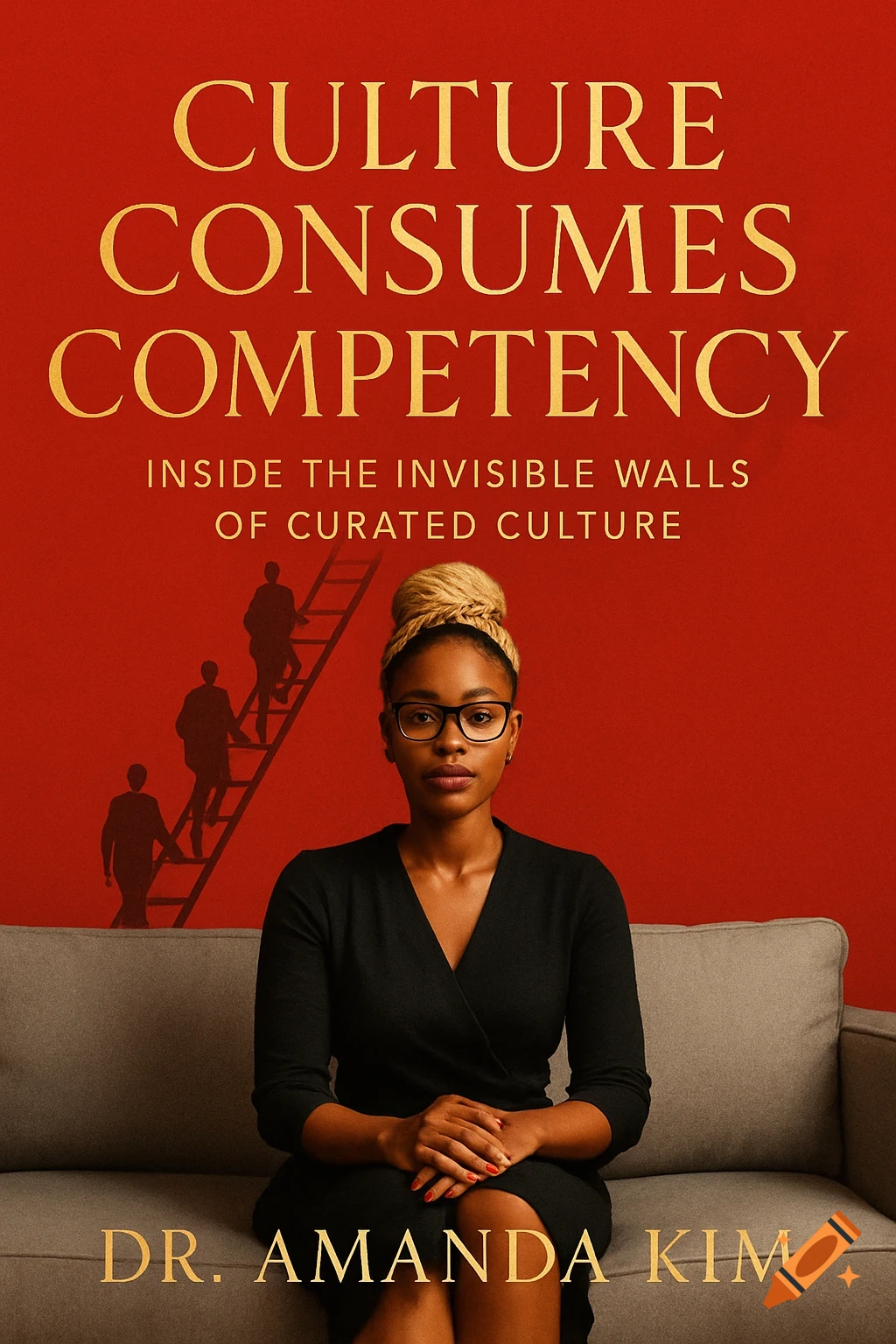 A Black woman with glasses sits on a couch under the book title 'Culture Consumes Competency'. Silhouettes climb a ladder on a red background.