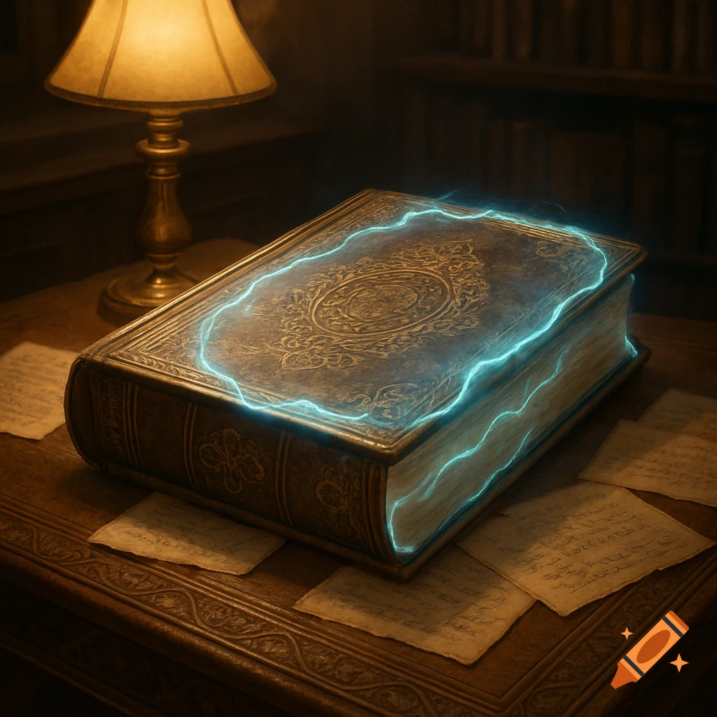 An ornate old book glowing with blue energy on a wooden desk with scattered papers and a lamp in a dimly lit room.