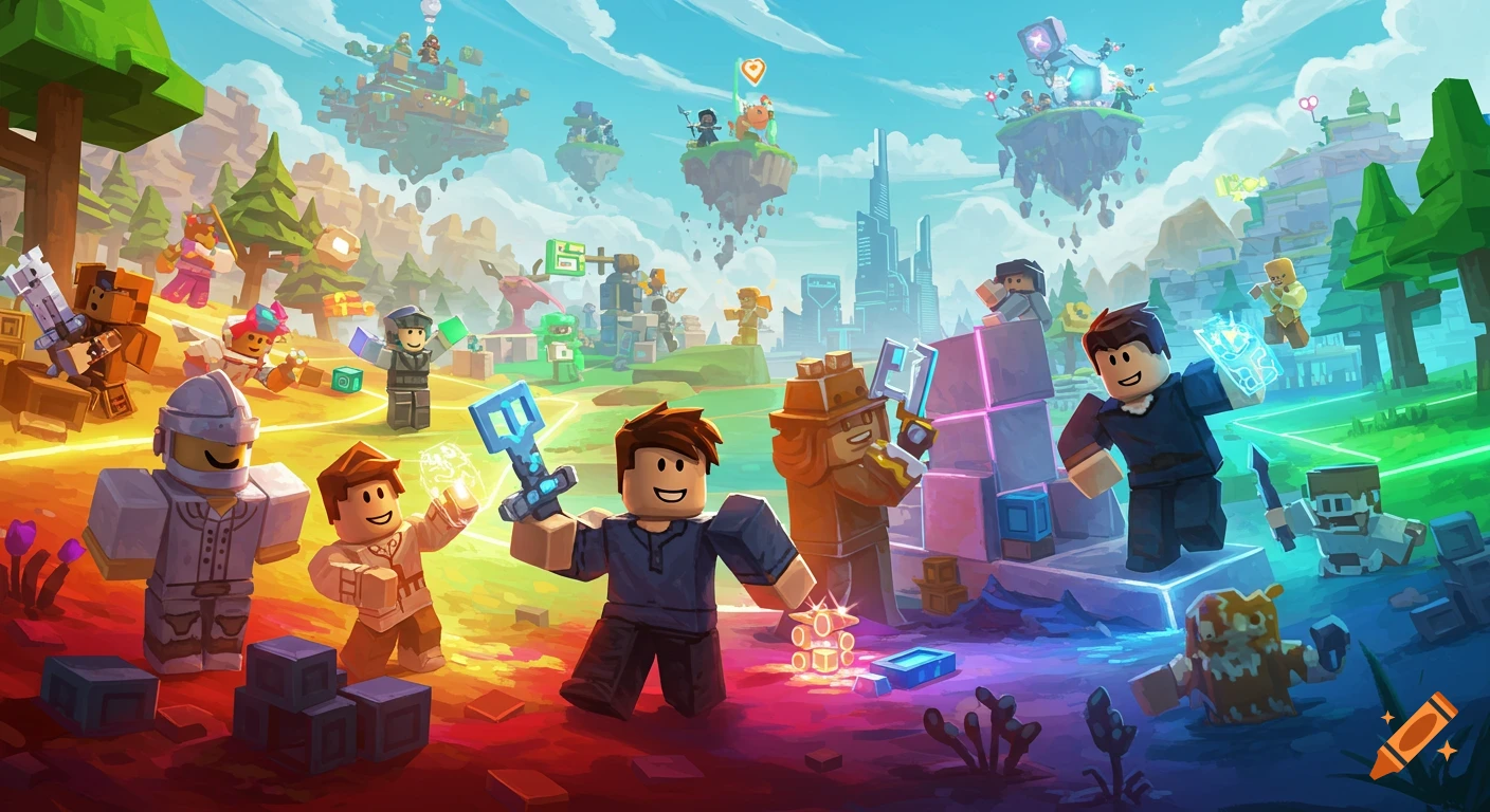 Vibrant, colorful Roblox-style scene with numerous blocky characters in a fantastical landscape, featuring floating islands and a futuristic city.