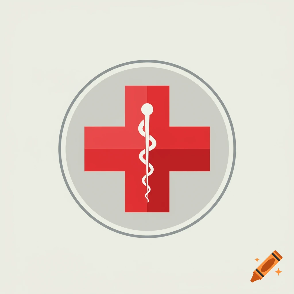 A red cross medical symbol with a white Rod of Asclepius inside a gray circle on a light background.