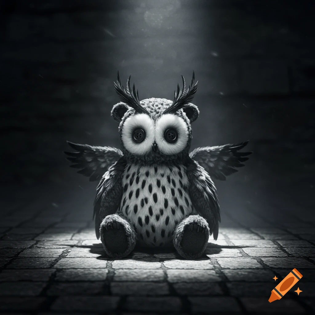 A high-detail, black and white rag doll owl-bear with big button eyes and small wings sits on a cobblestone floor in a dark, spotlighted setting.