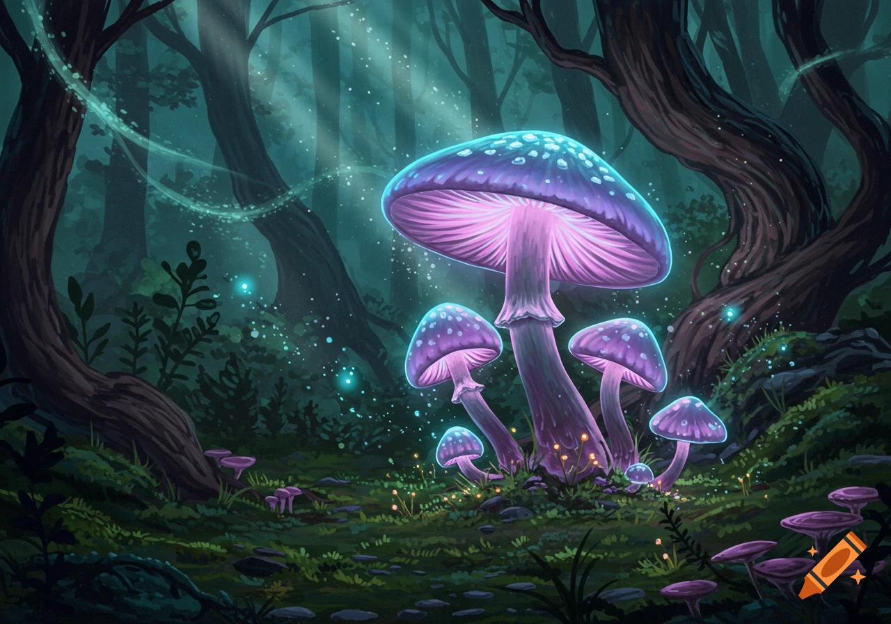 Glowing purple mushrooms illuminate a mystical, dark fantasy forest with shafts of light filtering through trees.
