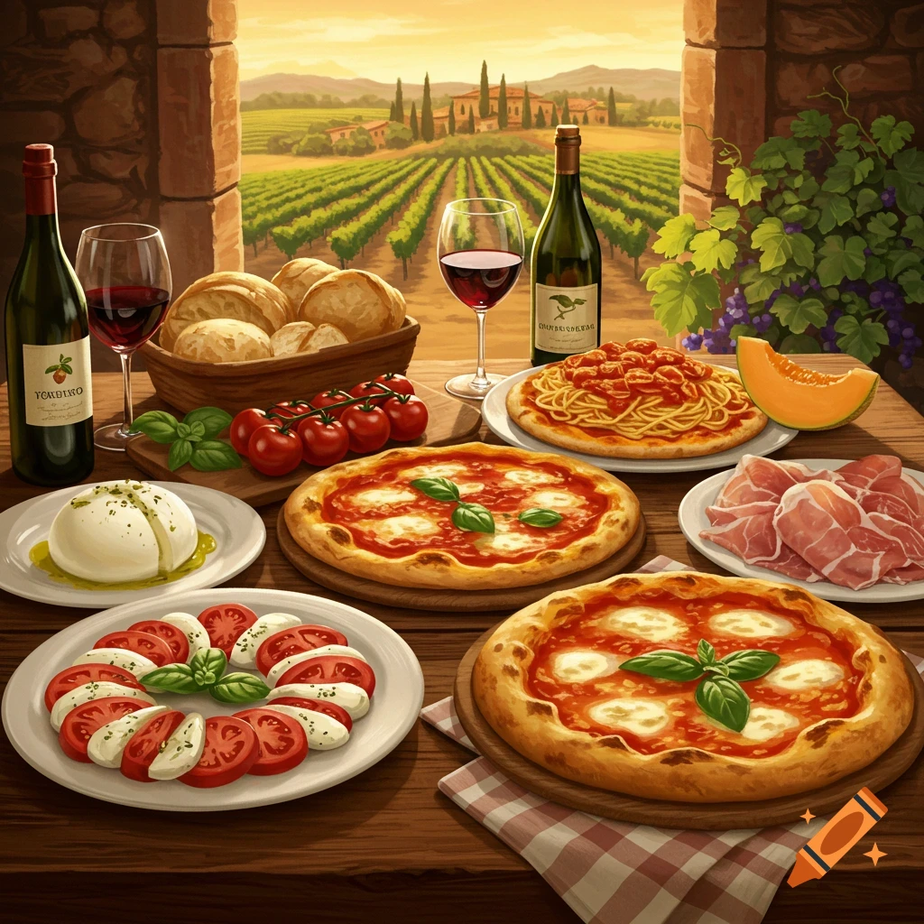 A table filled with Italian dishes: pizzas, pasta, Caprese salad, mozzarella, prosciutto, bread, and wine bottles, set against a Tuscan vineyard.