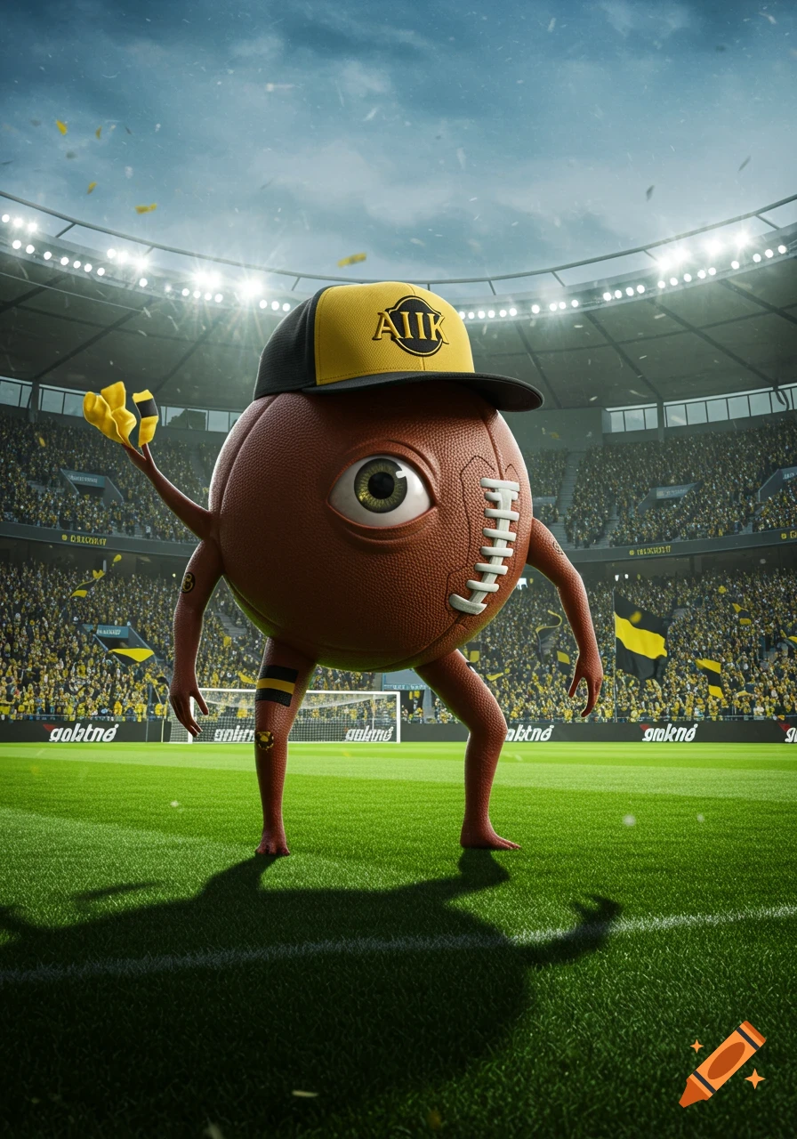 A cartoonish football with one large eye, two arms, and three legs, wearing a yellow and black cap with 'AIIK' text, stands on a grassy football field in a stadium full of cheering fans. The image is photorealistic.