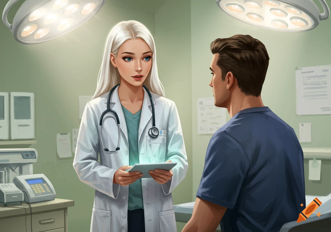 A stylized illustration shows a female doctor with long white hair holding a tablet, talking to a male patient in an examination room.