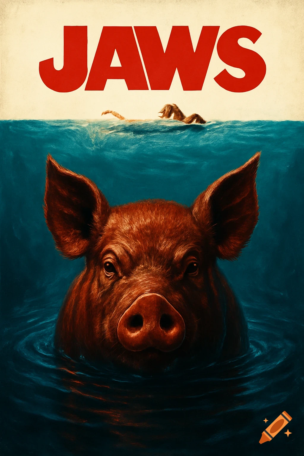 Illustrative Jaws movie poster parody showing a pig's head emerging from dark water with swimmers above, and 'JAWS' at the top.