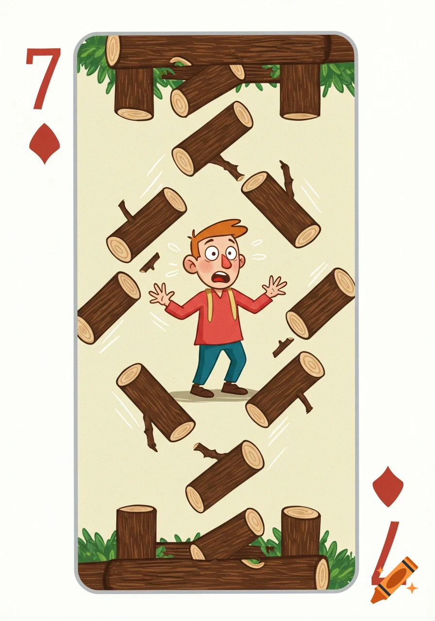 Cartoon illustration of a number 7 playing card featuring a scared man amidst falling logs.