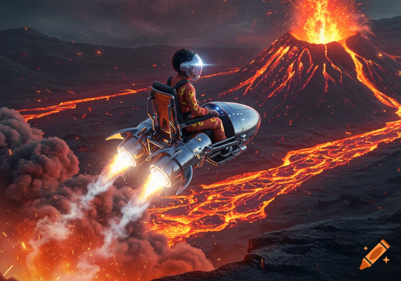 A child in a rocket-powered wheelchair flies over a volcanic landscape with lava flows and an erupting volcano.