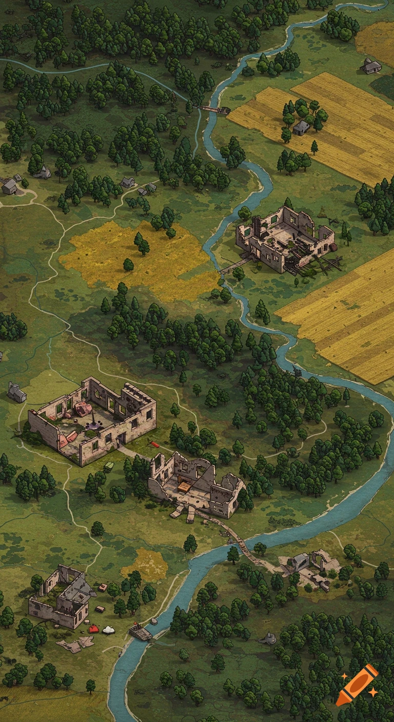 Stylized top-down map of a rural landscape with forests, fields, a winding river, and bombed-out buildings.